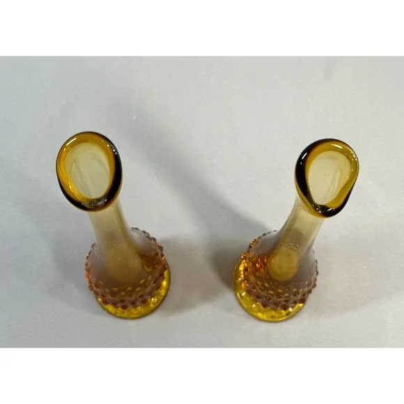 Vintage Pair Fenton Amber Glass Hobnail Swung Vases Footed Marked 10" MCM Retro - Picture 4 of 14